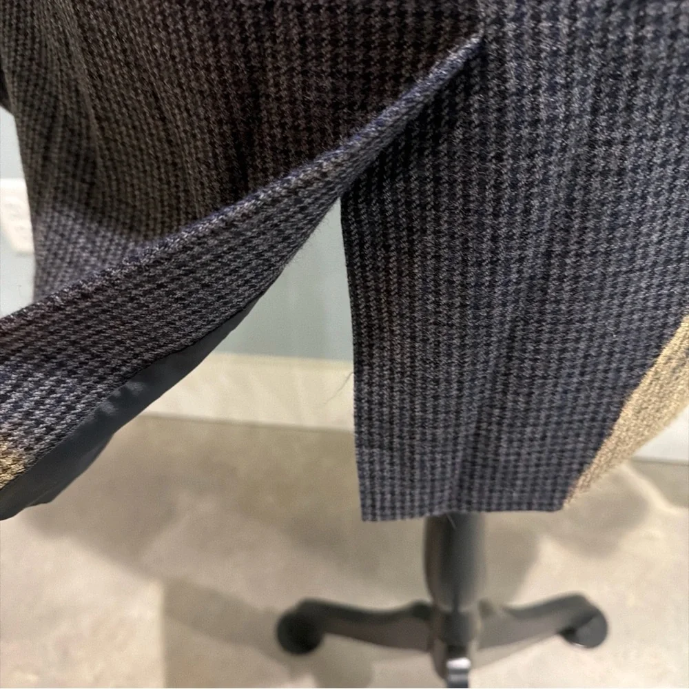 100% Wool Chaps Herringbone Checker Brown Suede Elbow Patches Blazer Jacket 46R
